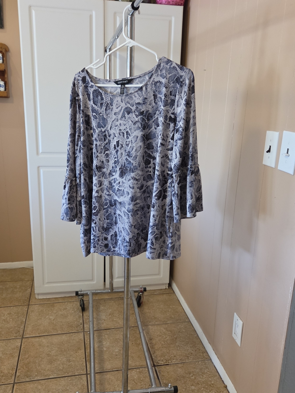 Ellen Tracy Blue and White Snake Print Bell Sleeve Blouse